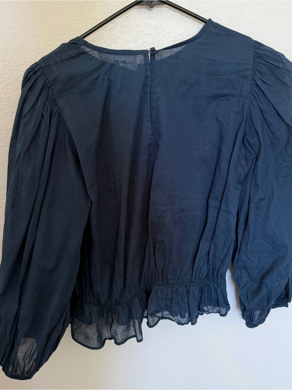 THE GREAT. Navy Gauze Smocked Long-Sleeve Blouse - Picture 5 of 5